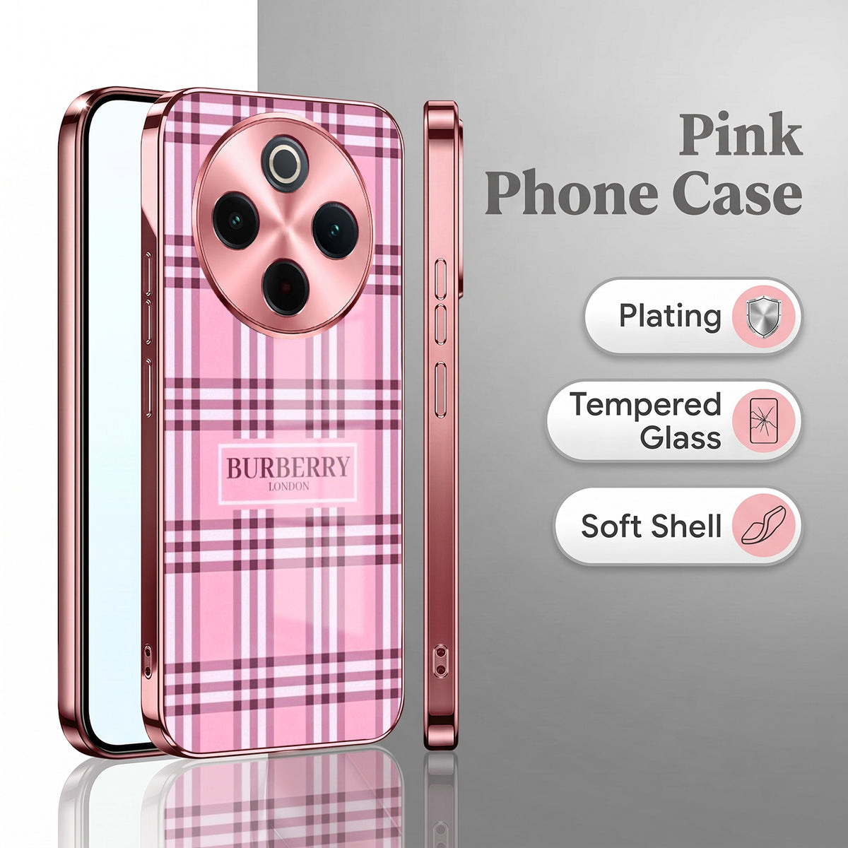 Vivo T4 5G Burberry Classic Pink Electroplated Glass Phone Back Case