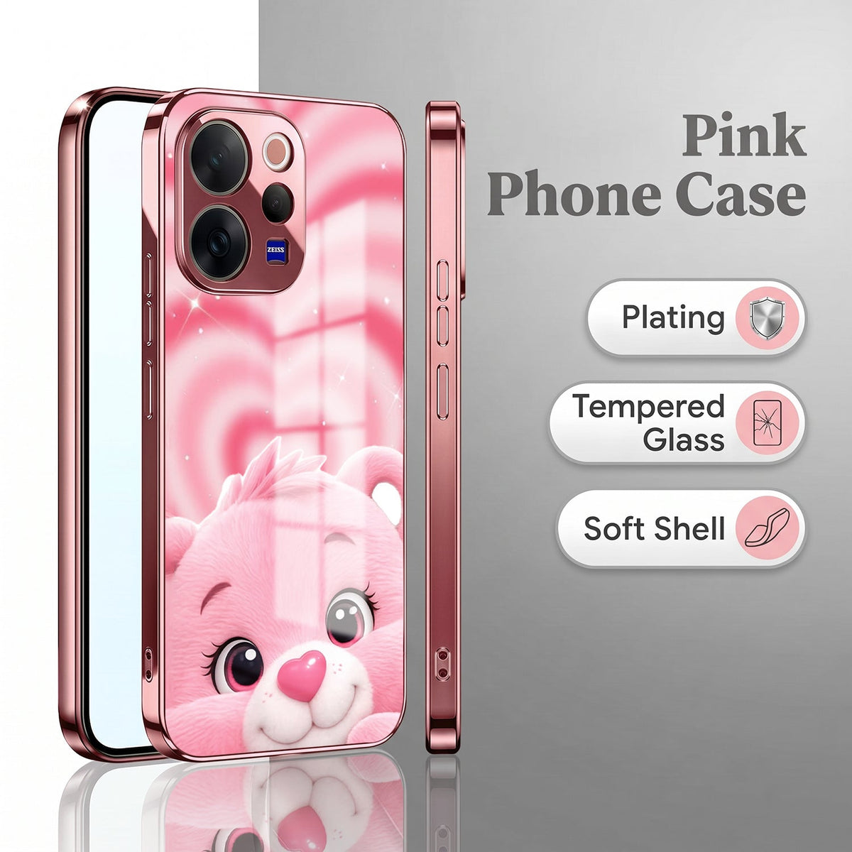 Vivo V70 5G Luxury Cute Teddy Pink Electroplated Glass Phone Back Case