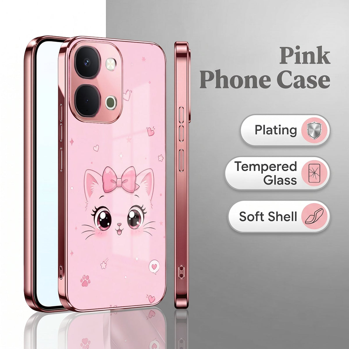 Vivo T5x 5G Luxury Cute Cat Pink Electroplated Glass Phone Back Case
