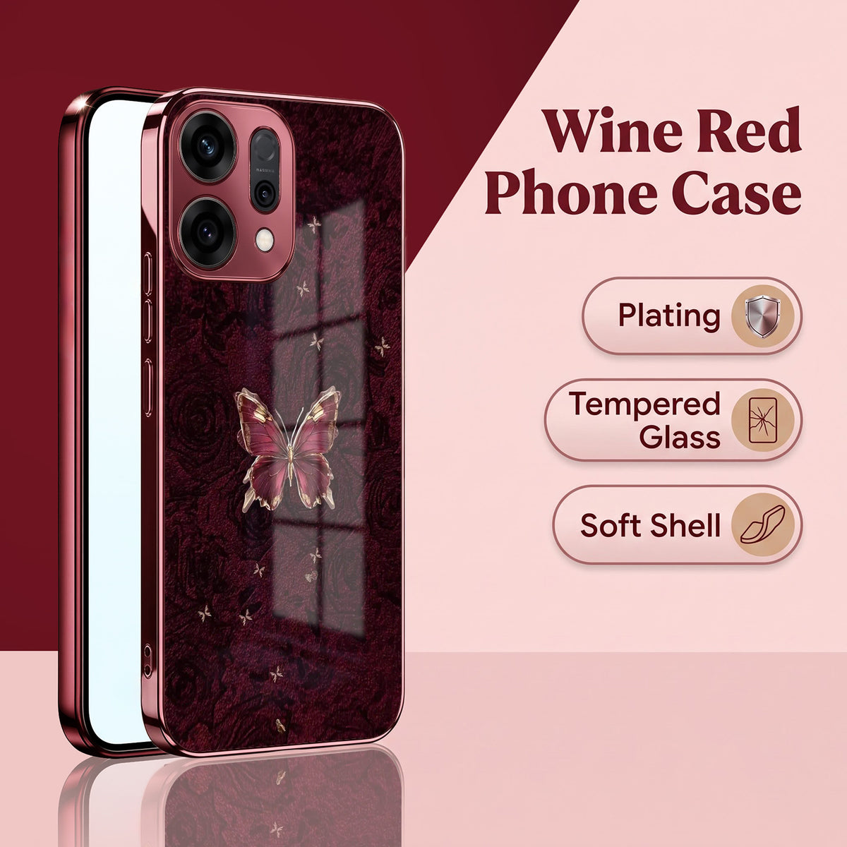 Oppo Reno 14 5G Butterfly Burgundy Electroplated Glass Back Case