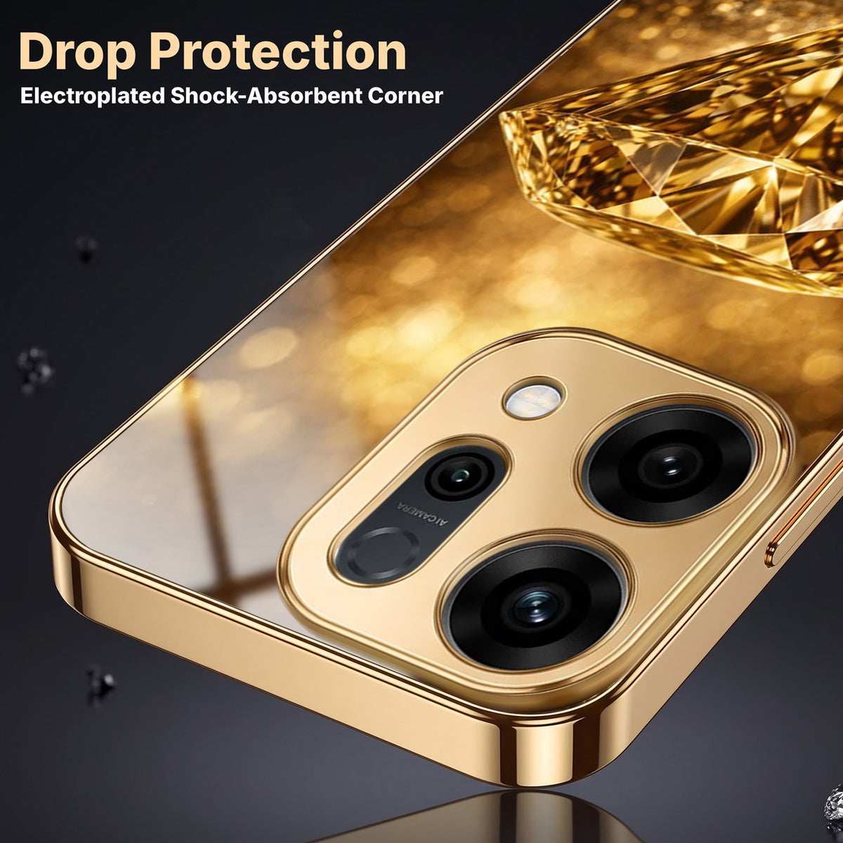 Oppo Reno 14 5G Golden Diamond Gold Electroplated Glass Phone Back Case