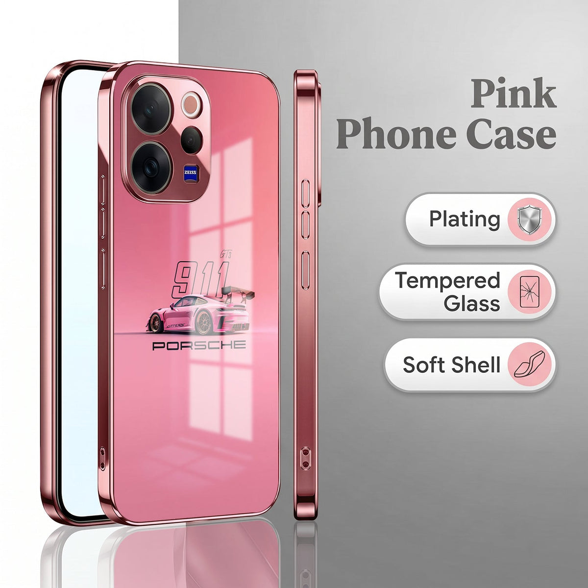 Vivo V70 5G Luxury Porsche 911 Pink Electroplated Glass Phone Back Case