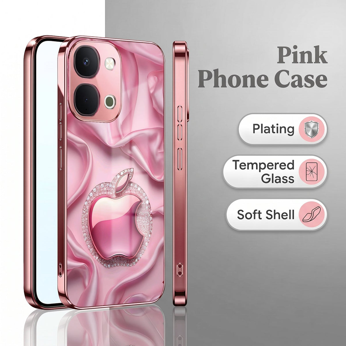 Vivo T5x 5G Luxury Apple Logo Pink Electroplated Glass Phone Back Case