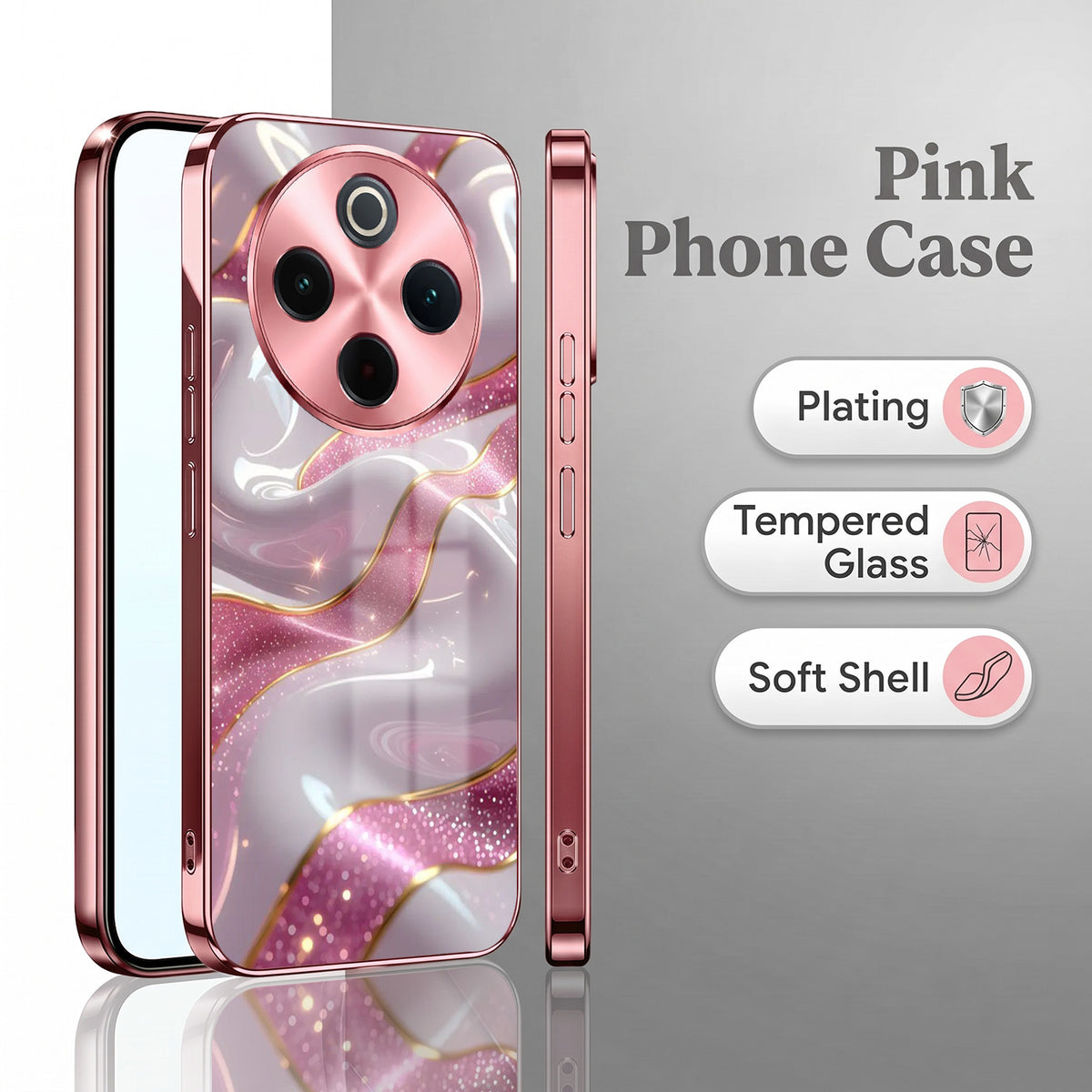 Vivo T4 5G Pearl Marble Pink Electroplated Glass Phone Back Case
