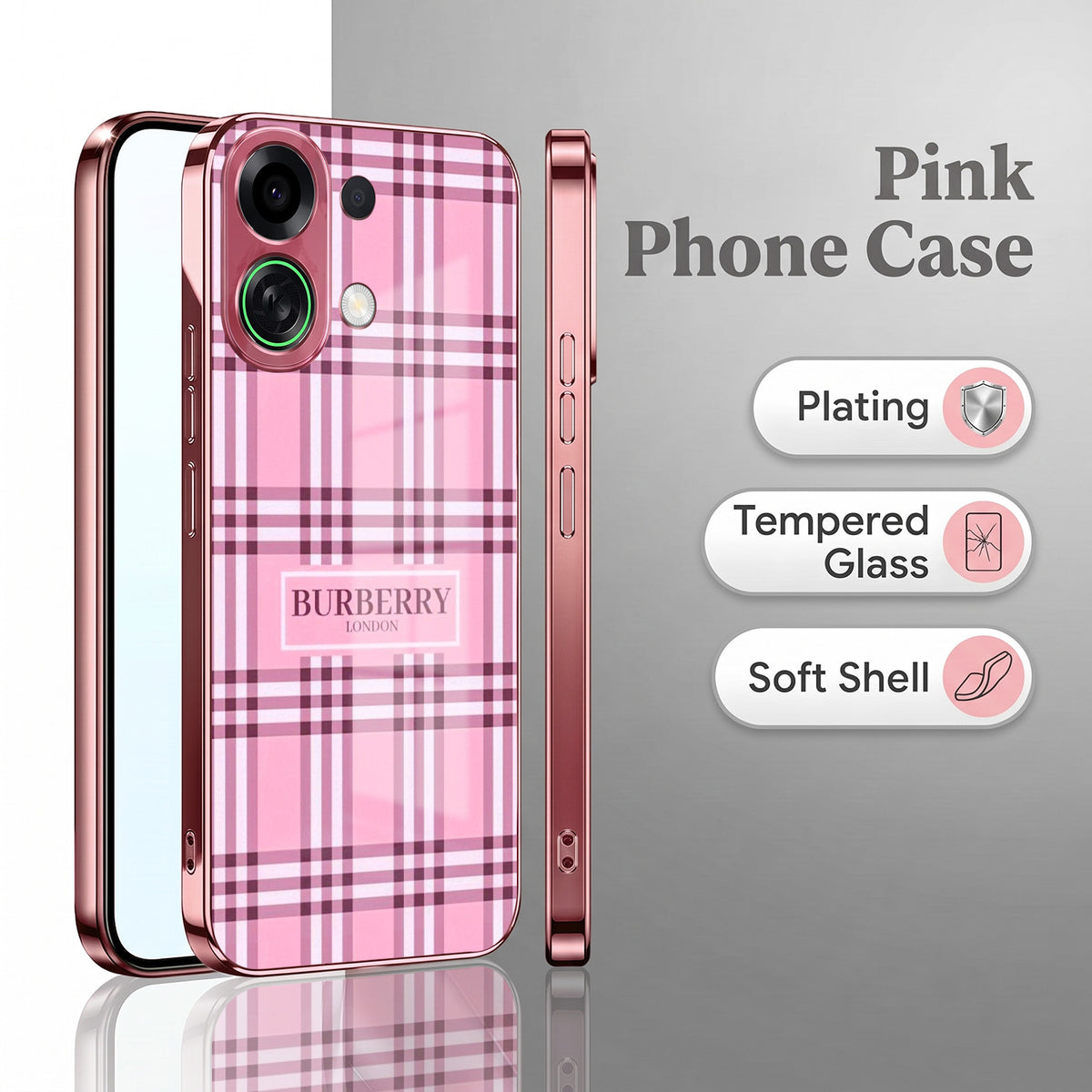 Oppo K13 Turbo 5G Burberry Classic Pink Electroplated Glass Phone Back Case