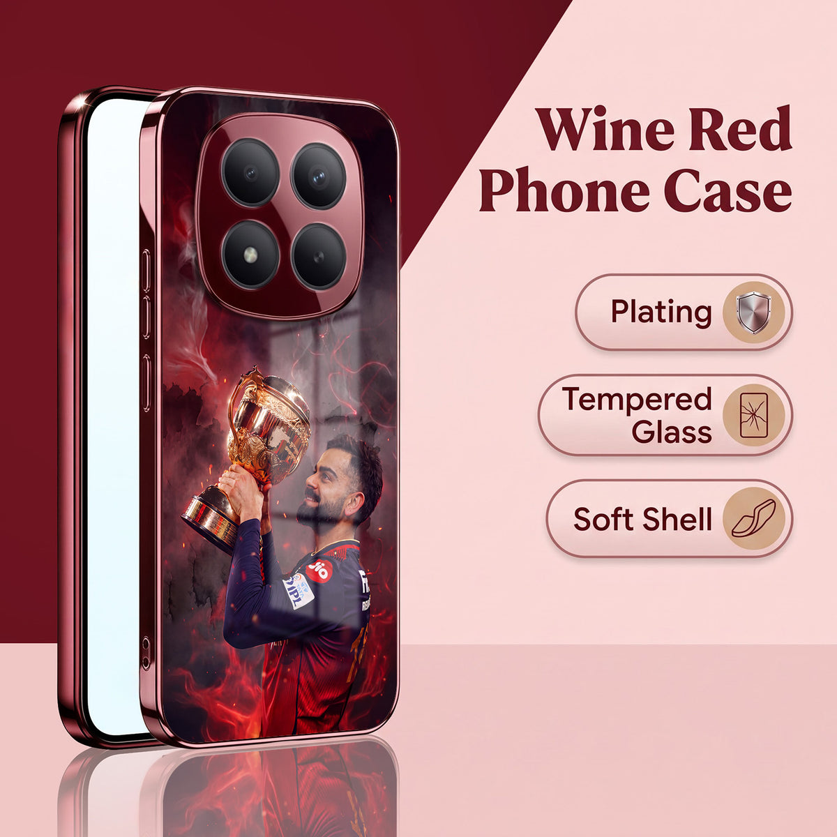 Redmi Note 15 Pro Plus 5G Virat Kohli Burgundy Electroplated Glass Back Case