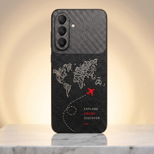 Samsung Galaxy A57 5G Travel Map Carbon Fiber Leather Hybrid Back Case