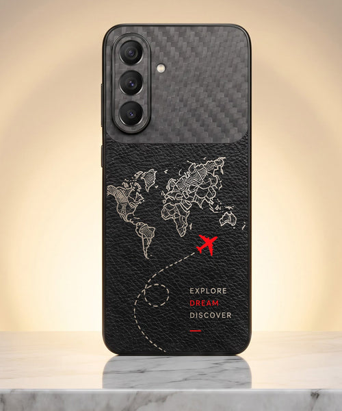 Samsung Galaxy A57 5G Travel Map Carbon Fiber Leather Hybrid Back Case