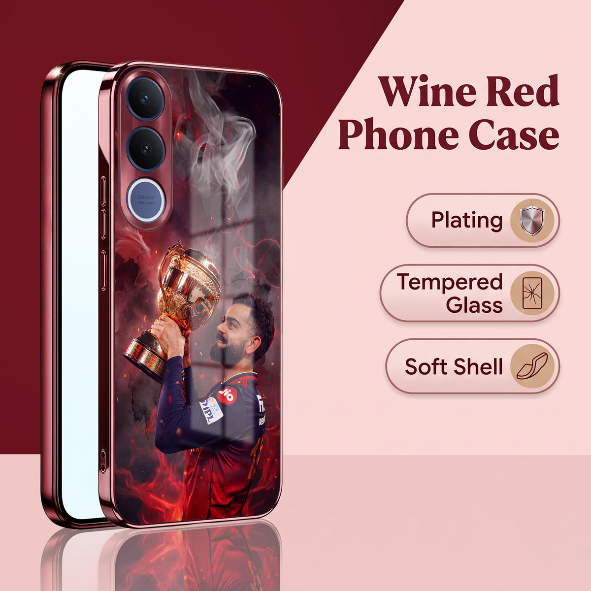 Vivo V70 FE 5G Virat Kohli Burgundy Electroplated Glass Back Case