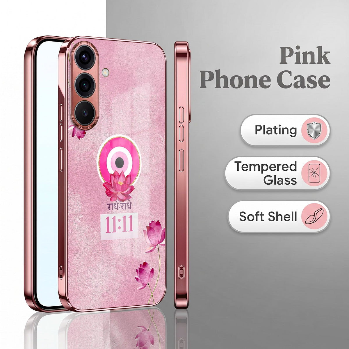 Samsung Galaxy A56 5G Luxury Radhe Radhe 11:11 Pink Electroplated Glass Phone Back Case