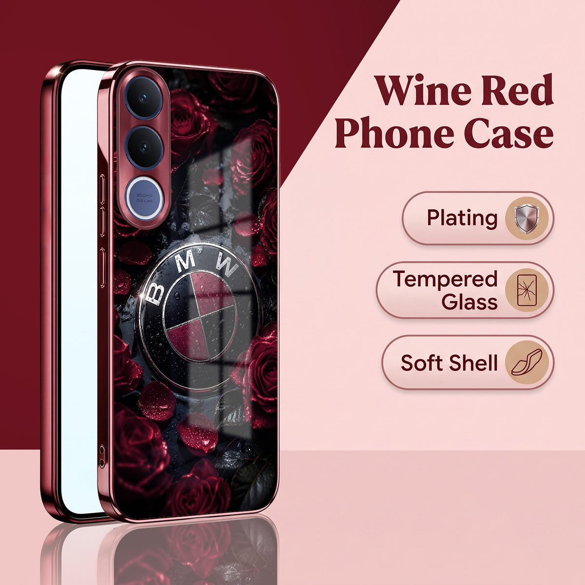 Vivo V70 FE 5G BMW Logo Burgundy Electroplated Glass Back Case