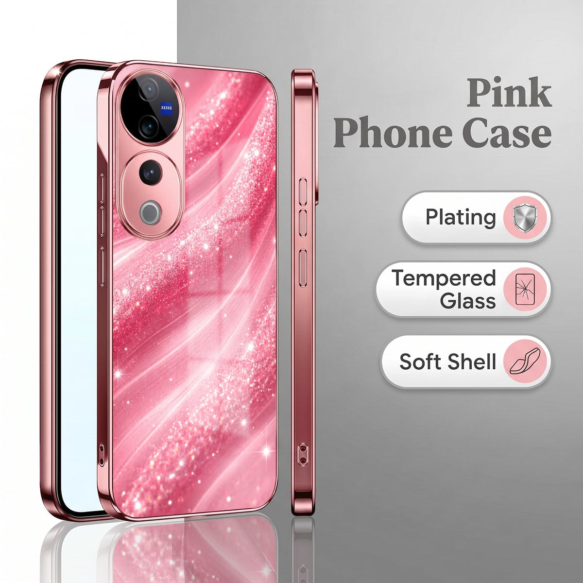 Vivo V40 Pro 5G Luxury Glitter Wave Pink Electroplated Glass Phone Back Case