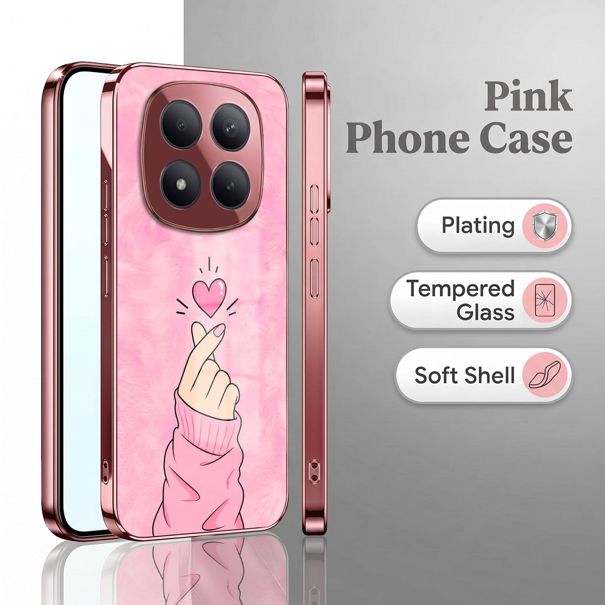 Redmi Note 15 Pro+ 5G Luxury Heart Pink Electroplated Glass Phone Back Case