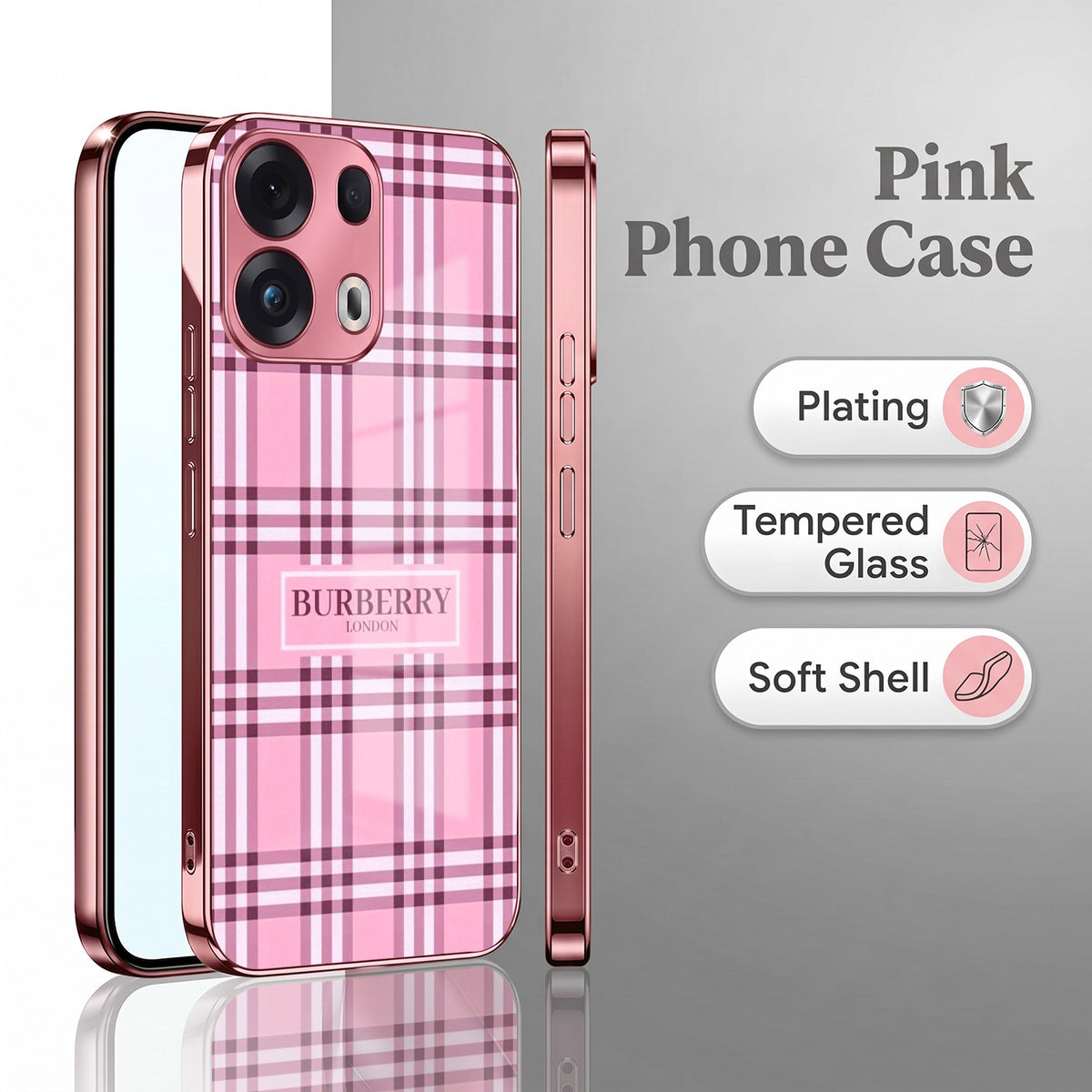 Oppo Reno 13 Pro 5G Burberry Classic Pink Electroplated Glass Phone Back Case