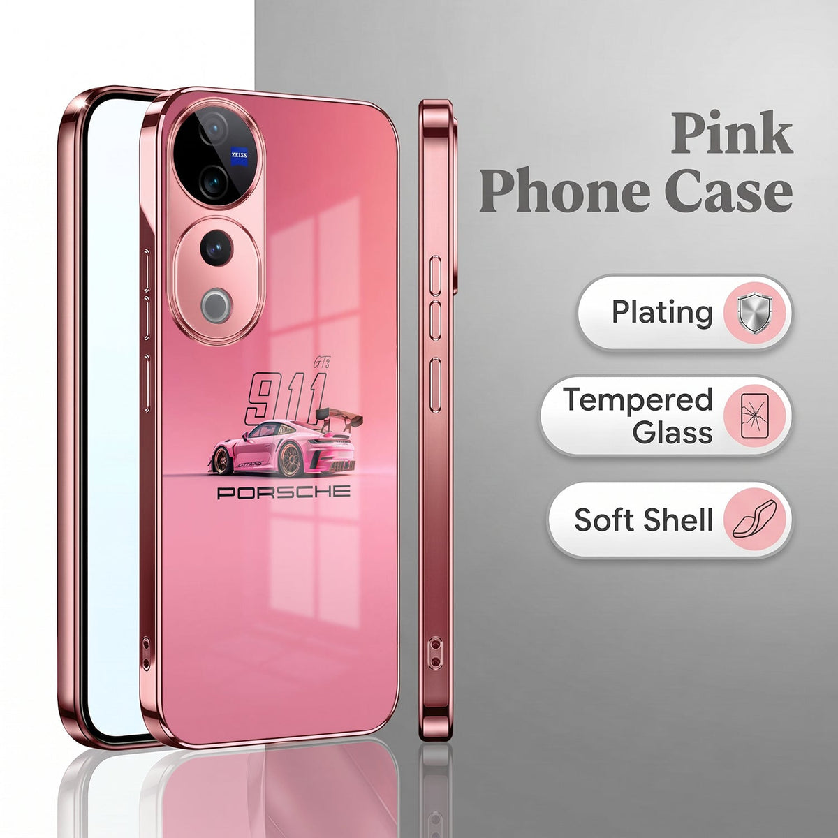 Vivo V40 Pro 5G Luxury Porsche 911 Pink Electroplated Glass Phone Back Case