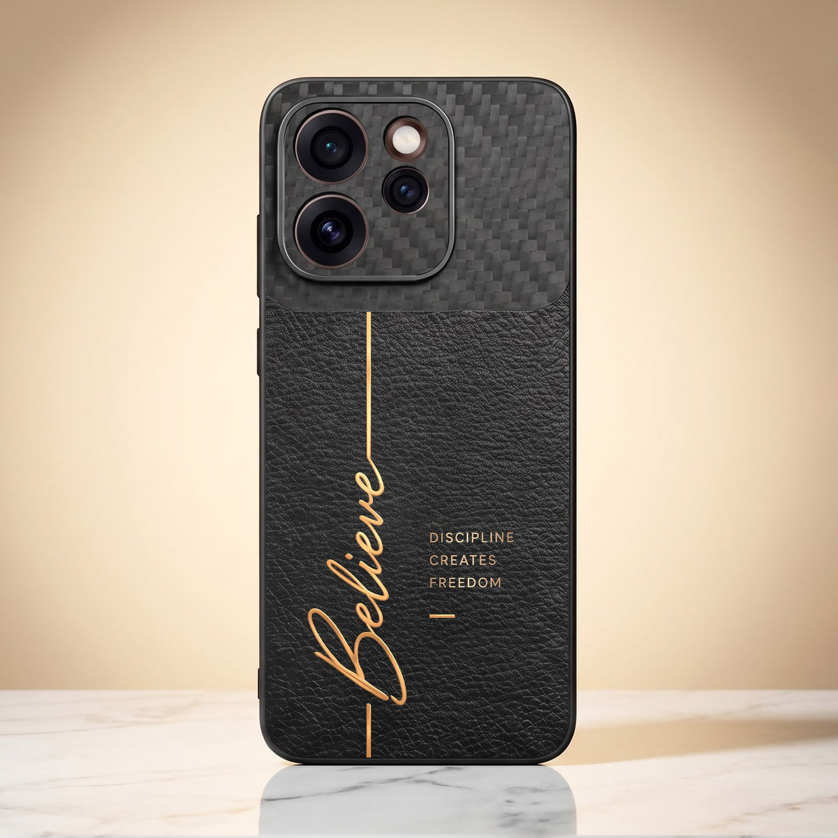 Oppo Reno 15 Pro Mini 5G Belive Quote Carbon Fiber Leather Hybrid Back Case
