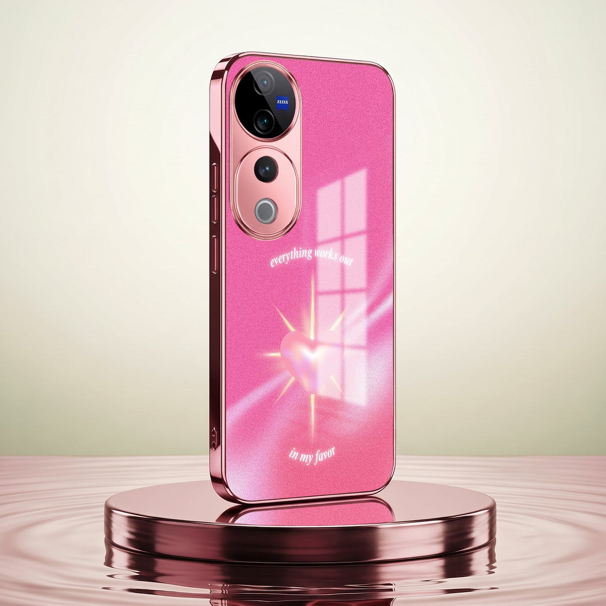 Vivo V40 Pro 5G Luxury Glowing Heart Pink Electroplated Glass Phone Back Case