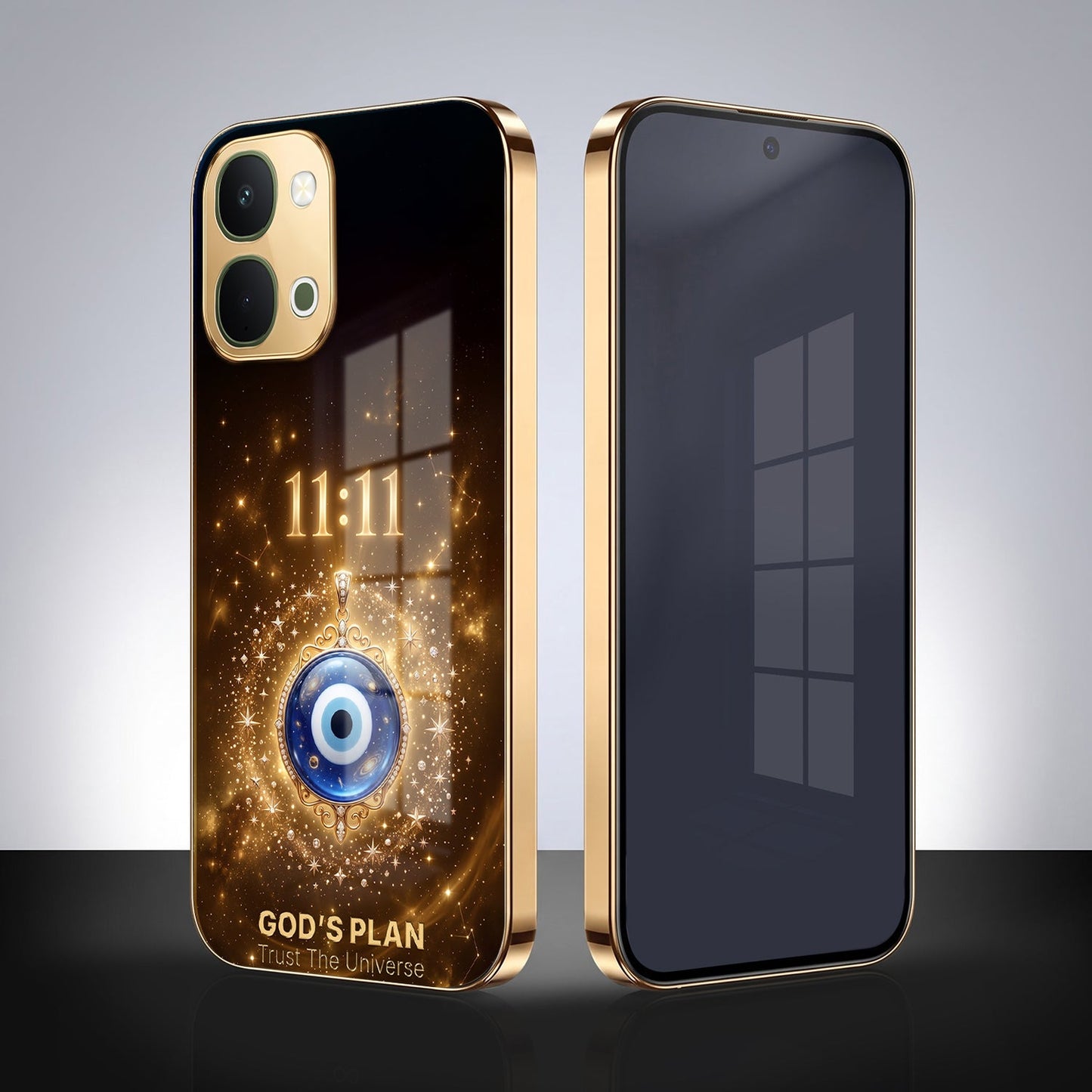 Vivo T5x 5G God’s Plan Evil Eye Gold Electroplated Glass Phone Back Case