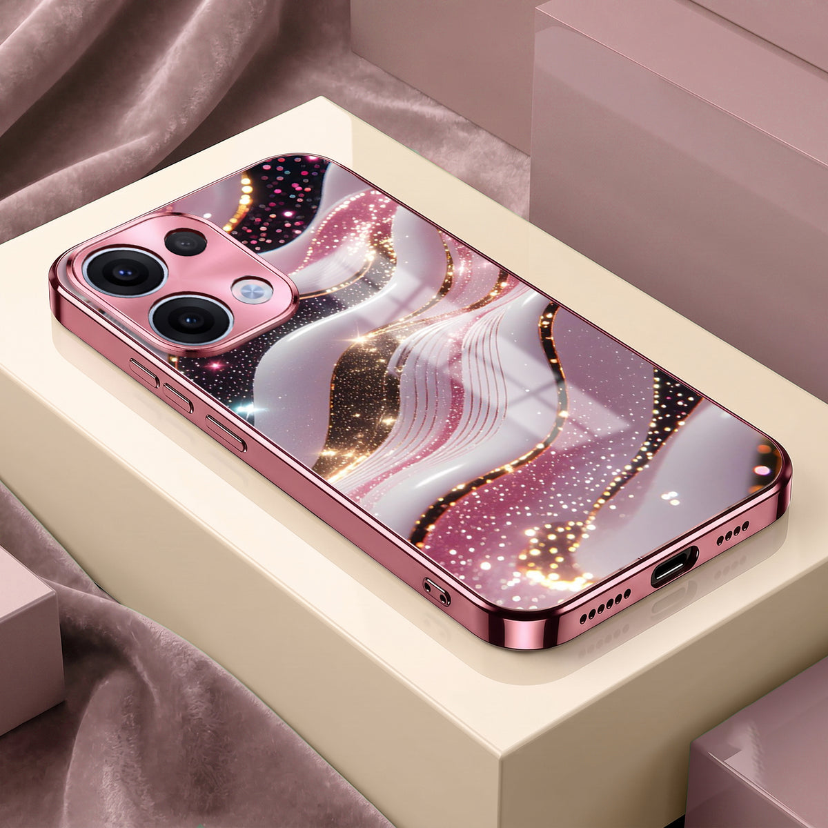 Oppo Reno 13 5G Midnight Pearl Wave Pink Electroplated Glass Phone Back Case