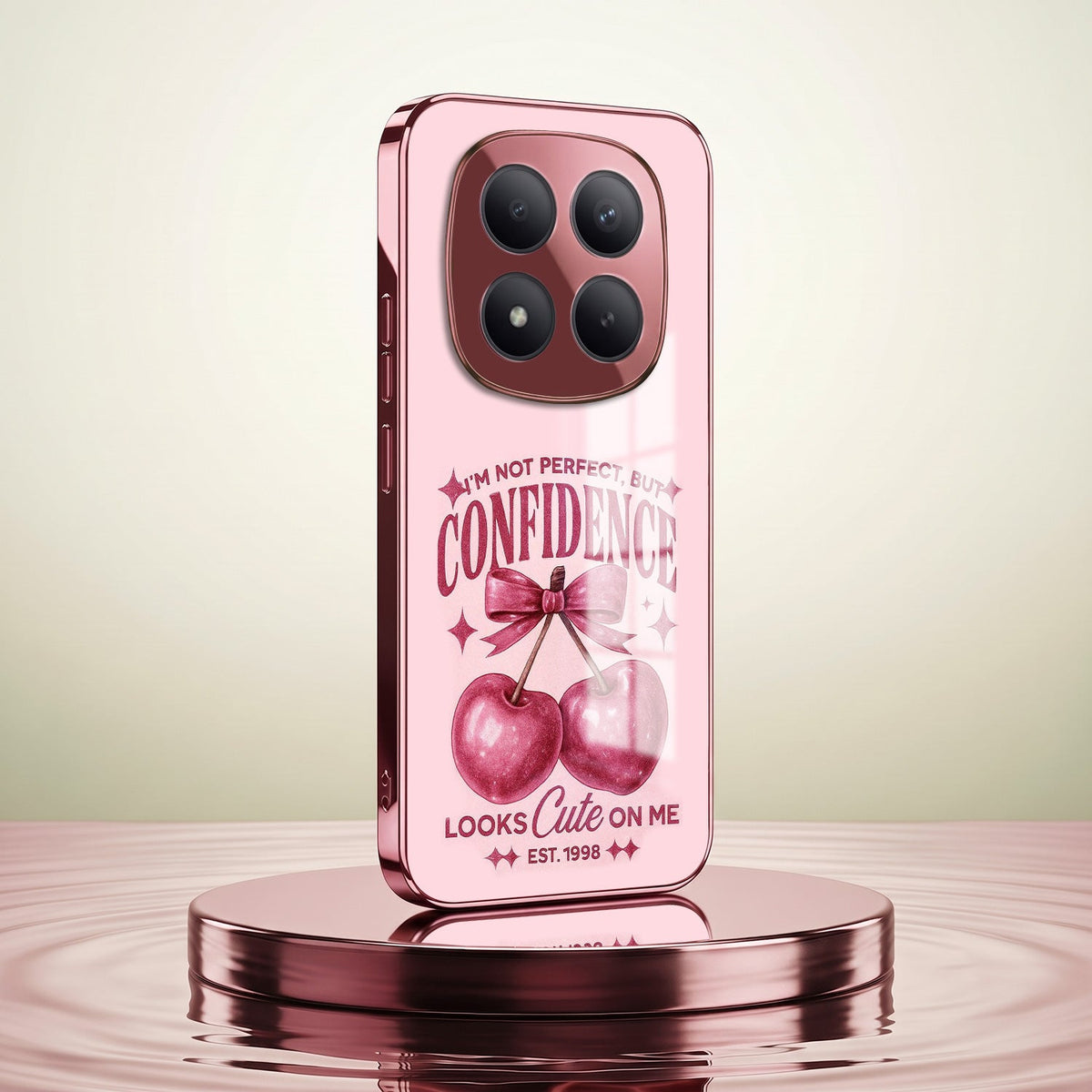 Redmi Note 15 Pro+ 5G Luxury Cherry Bow Pink Electroplated Glass Phone Back Case