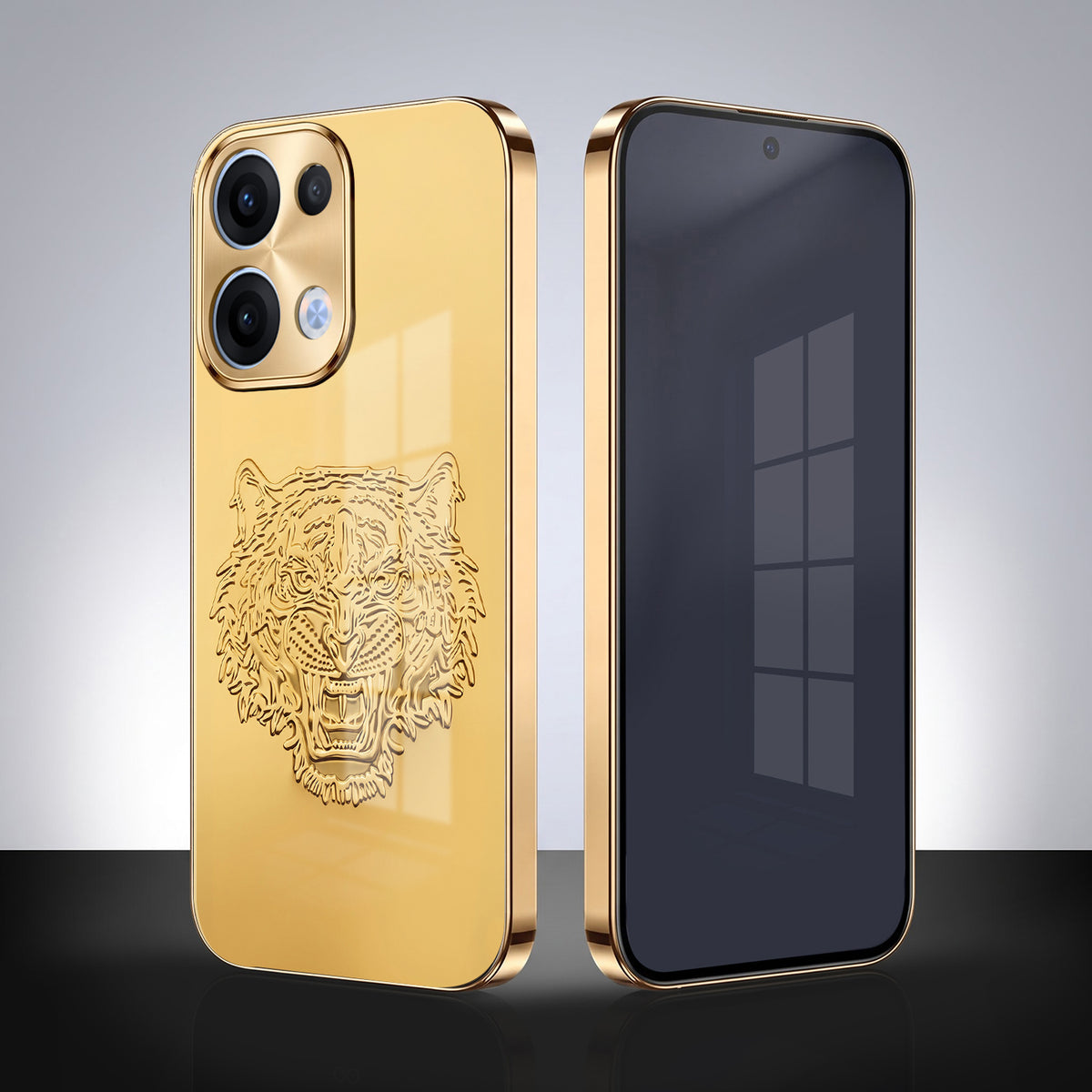 Oppo Reno 13 5G Golden Tiger Face Gold Electroplated Glass Phone Back Case