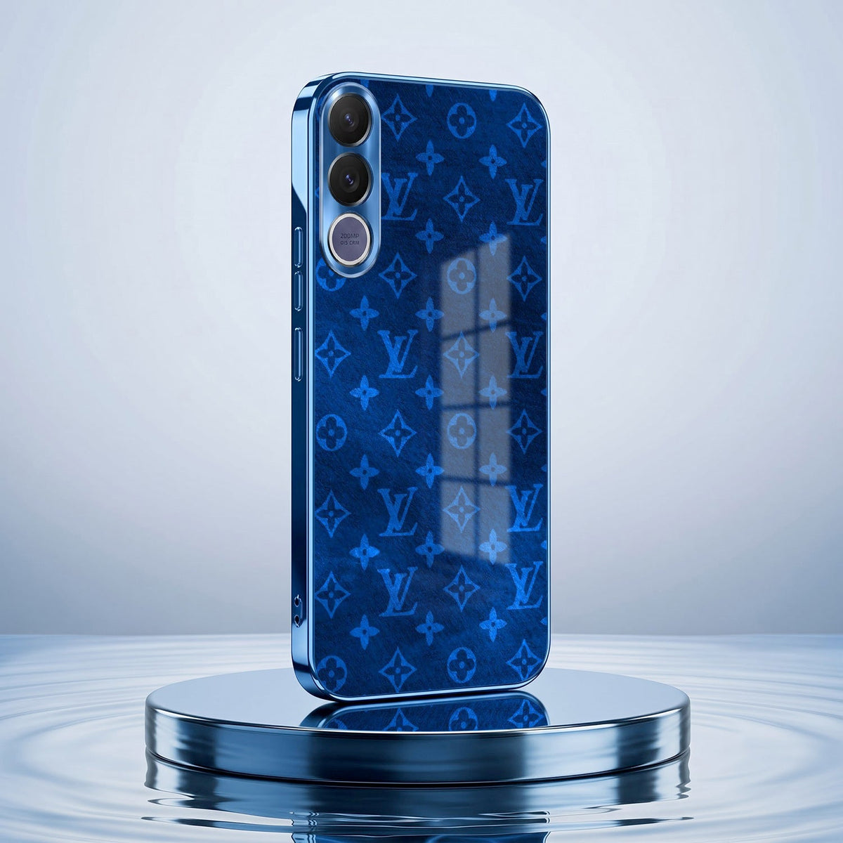 Vivo V70 FE 5G Luxury Monogram Blue Electroplated Glass Phone Back Case
