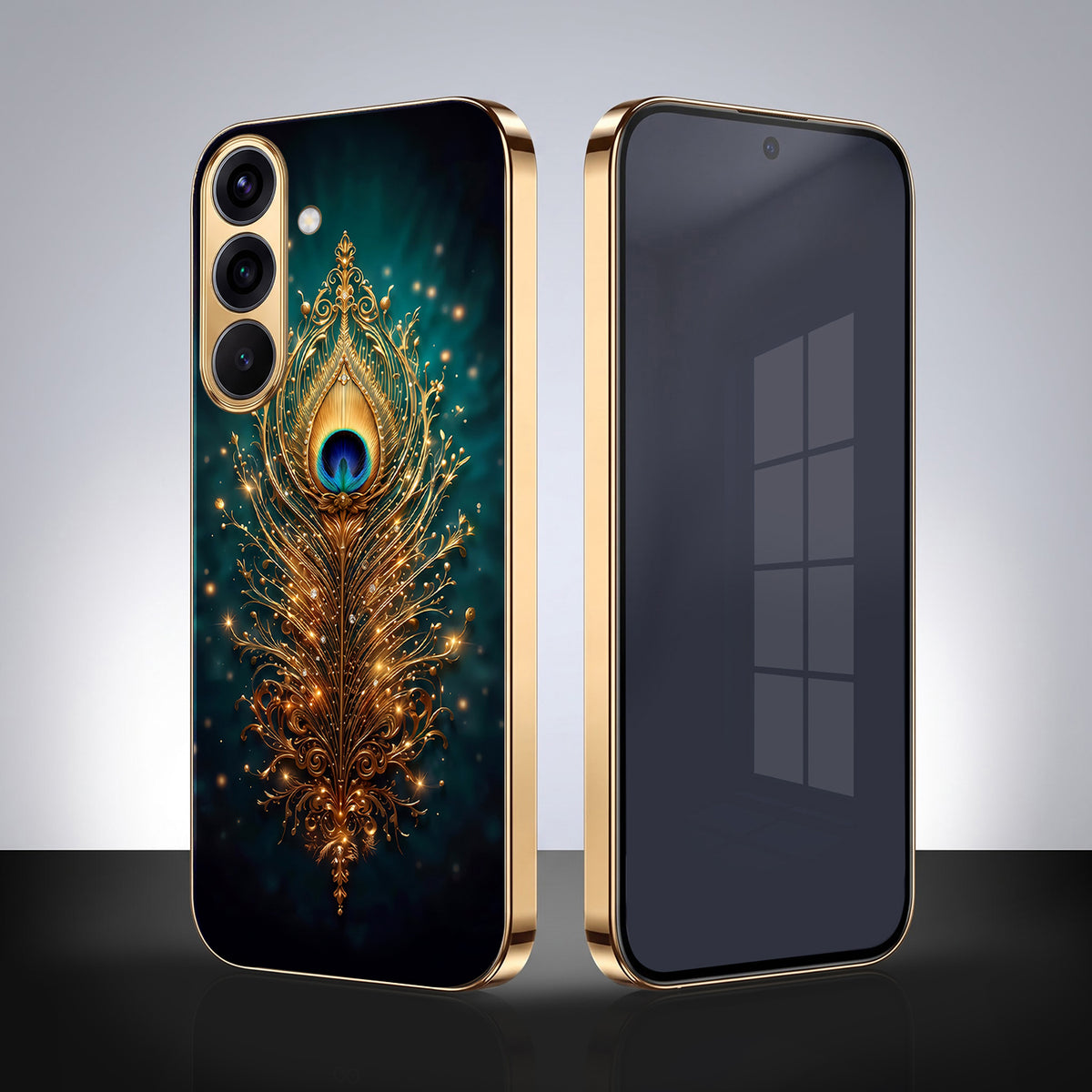 Samsung Galaxy A56 5G Golden Peacock Feather Gold Electroplated Glass Phone Back Case