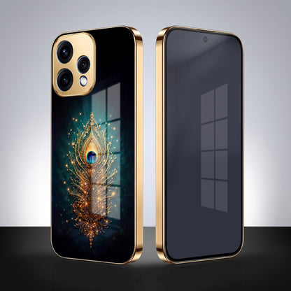 Oppo Reno 15 5G Golden Peacock Feather Gold Electroplated Glass Phone Back Case