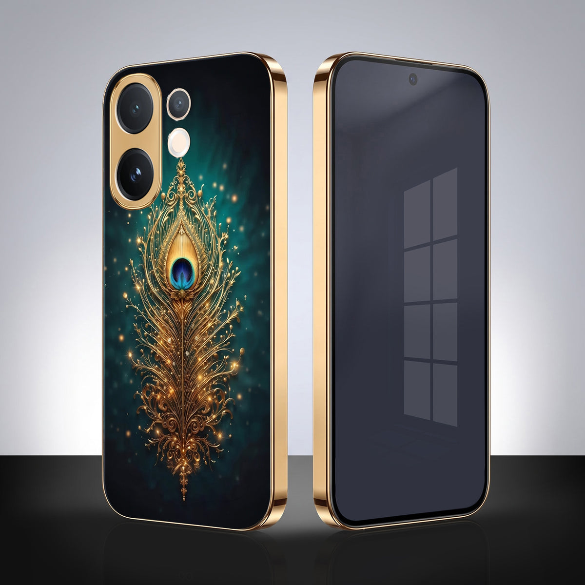 Vivo V60 5G Golden Peacock Feather Gold Electroplated Glass Phone Back Case