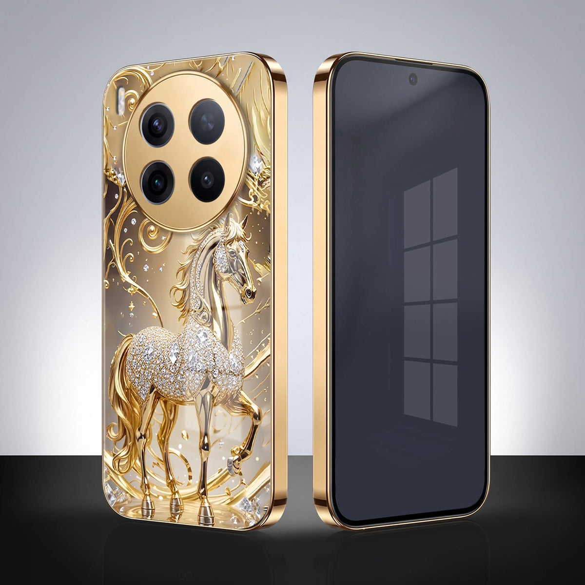 Vivo X300 Pro 5G Luxury Horse Texture Gold Electroplated Glass Phone Back Case