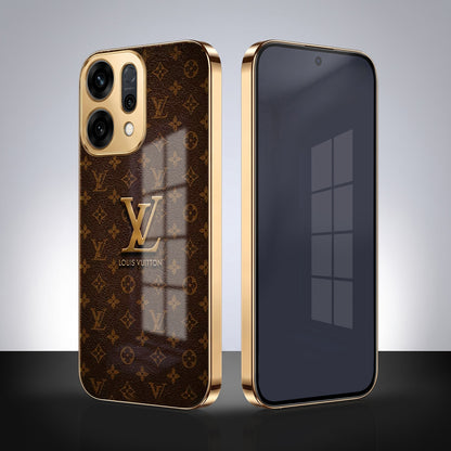 Oppo Reno 14 5G LV Brown Monogram Gold Electroplated Glass Phone Back Case