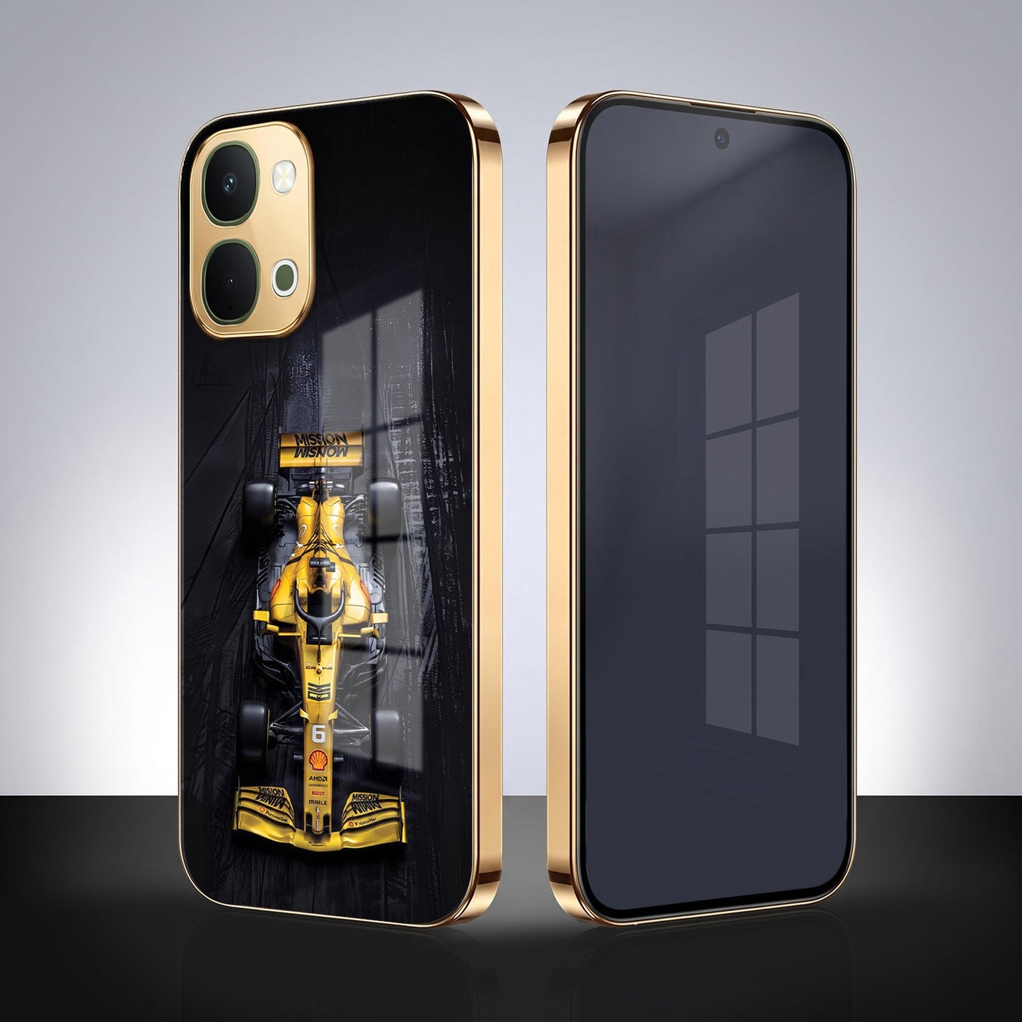 Vivo T5x 5G F1 Racing Car Gold Electroplated Glass Phone Back Case