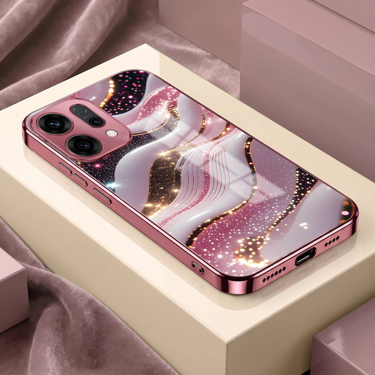 Oppo Reno 14 5G Midnight Pearl Wave Pink Electroplated Glass Phone Back Case