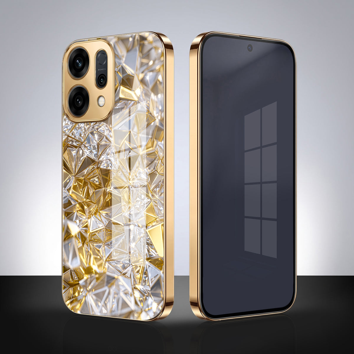 Oppo Reno 14 5G White Diamond Shatter Gold Electroplated Glass Phone Back Case