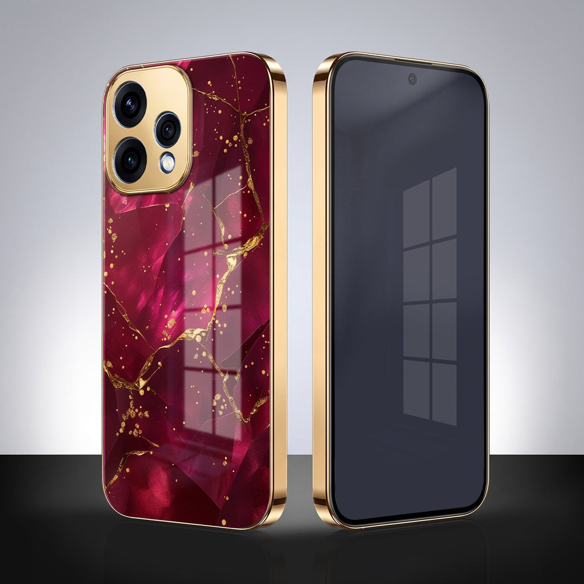 Oppo Reno 15 5G Luxury Crimson Marble Gold Electroplated Glass Phone Back Case