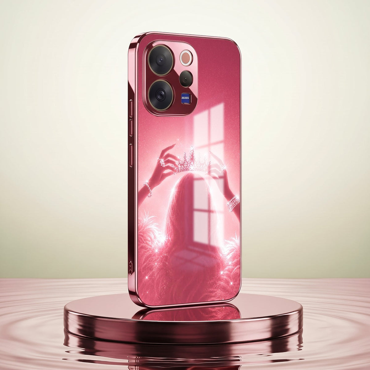 Vivo V70 5G Luxury Crown Queen Pink Electroplated Glass Phone Back Case
