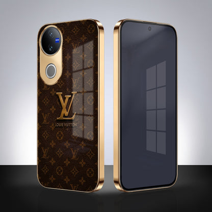 Vivo V50 5G LV Brown Monogram Gold Electroplated Glass Phone Back Case