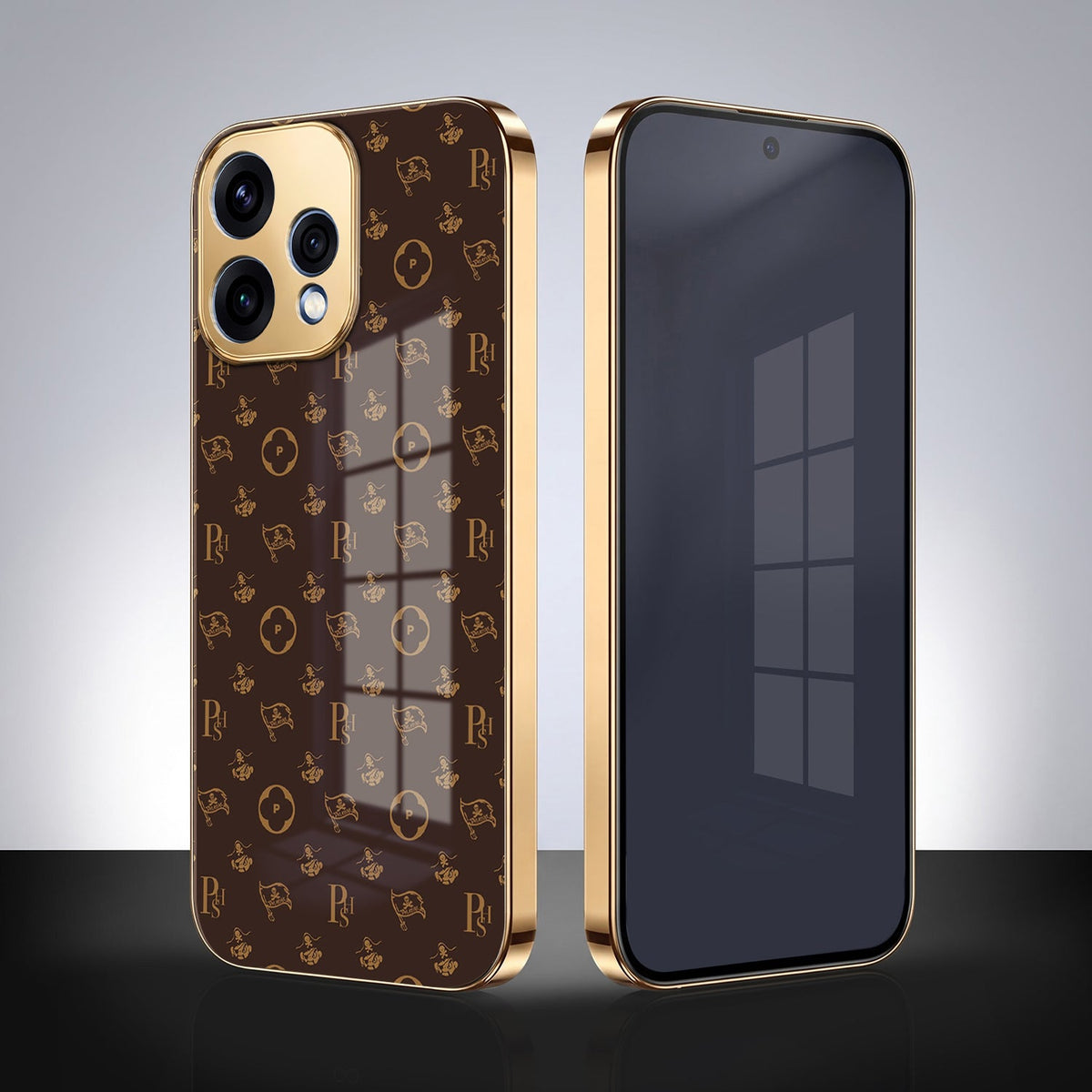 Oppo Reno 15 5G Luxury Monogram Brown Gold Electroplated Glass Phone Back Case
