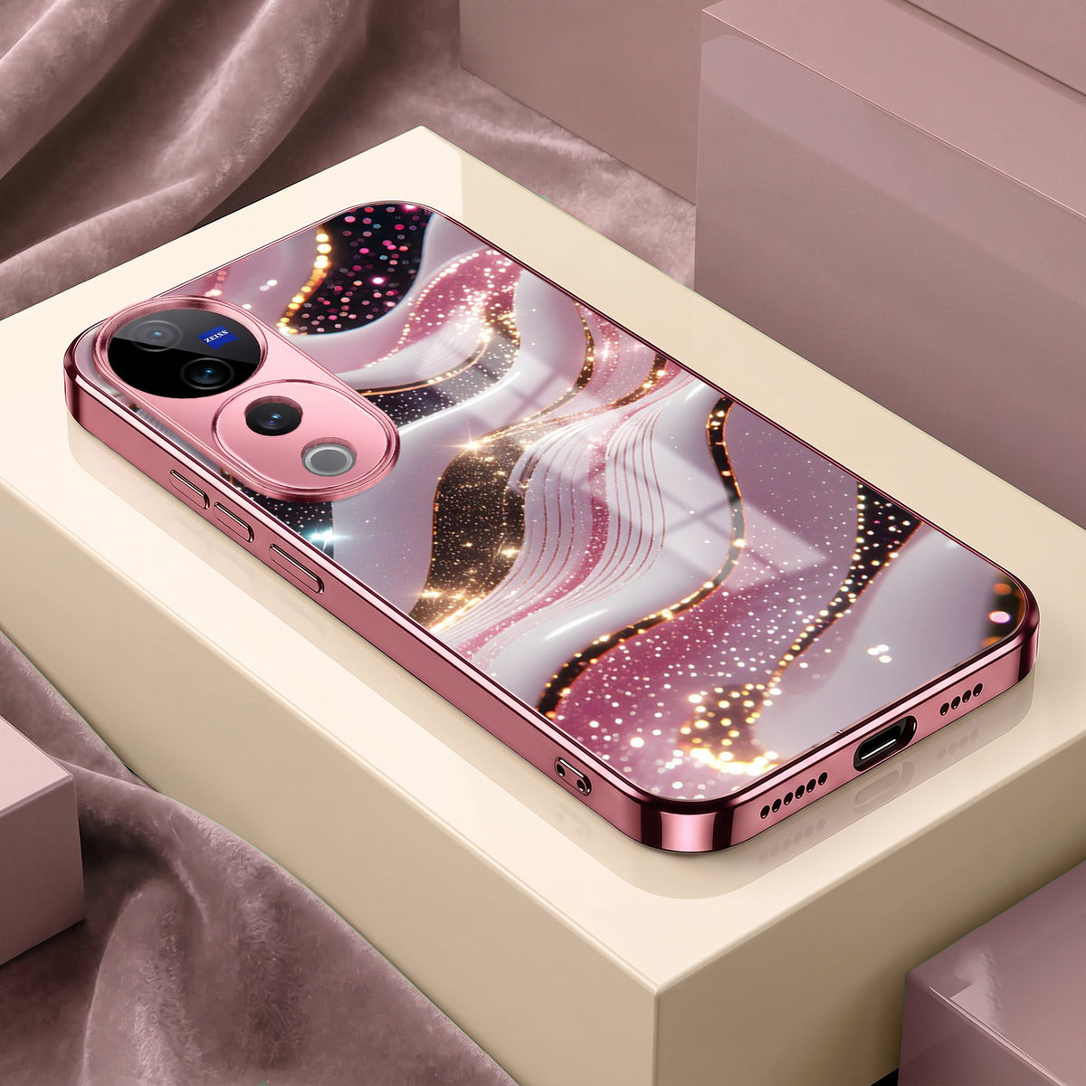 Vivo V40 Pro 5G Midnight Pearl Wave Pink Electroplated Glass Phone Back Case