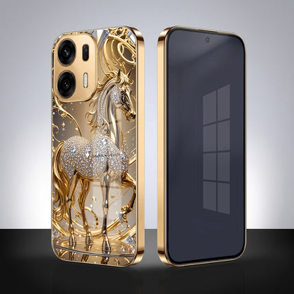 Oppo K14 Plus 5G Luxury Horse Texture Gold Electroplated Glass Phone Back Case