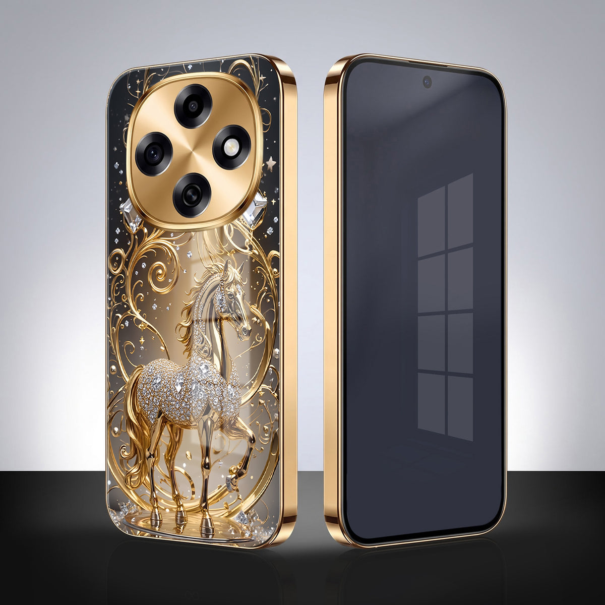 OPPO F31 Pro 5G Luxury Horse Texture Gold Electroplated Glass Phone Back Case