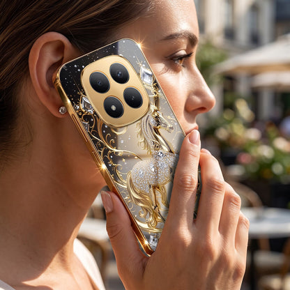 Redmi Note 15 Pro+ 5G Luxury Horse Texture Gold Electroplated Glass Phone Back Case