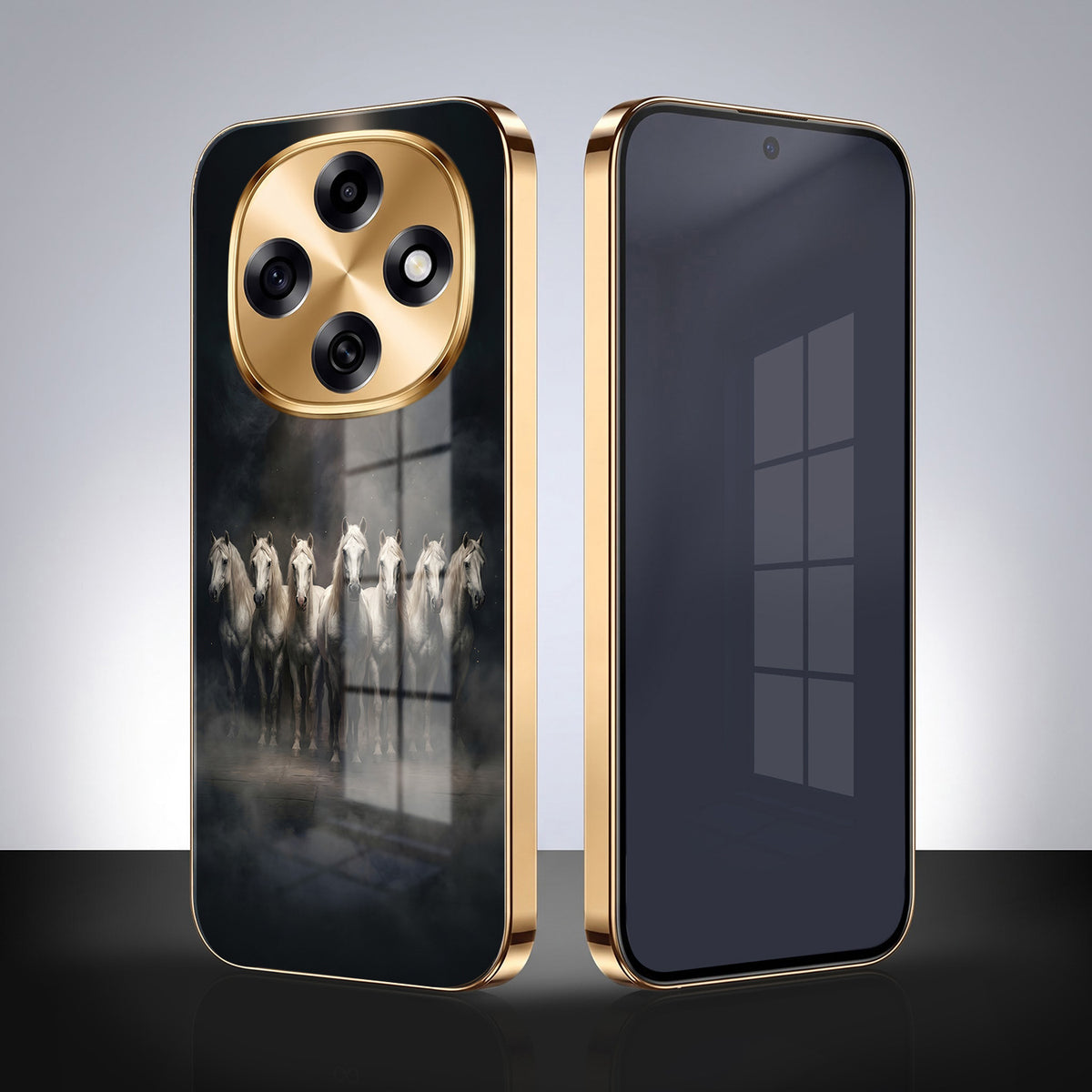 OPPO F31 Pro 5G Running Horses Gold Electroplated Glass Phone Back Case