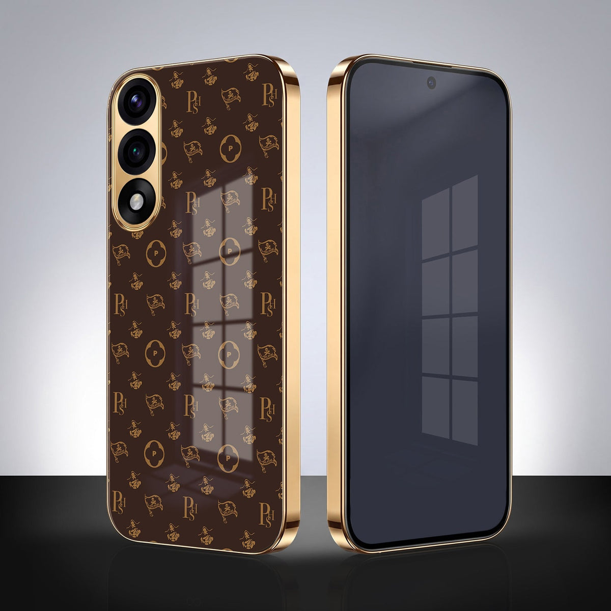Oneplus Nord 5 5G Luxury Monogram Brown Gold Electroplated Glass Phone Back Case
