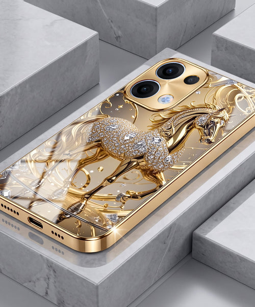 Oppo Reno 13 5G Luxury Horse Texture Gold Electroplated Glass Phone Back Case