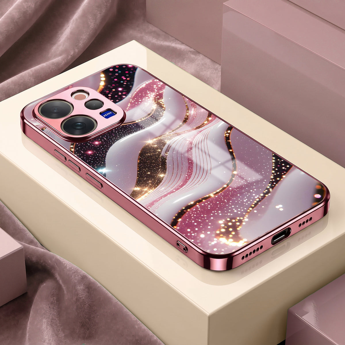 Vivo V70 5G Midnight Pearl Wave Pink Electroplated Glass Phone Back Case