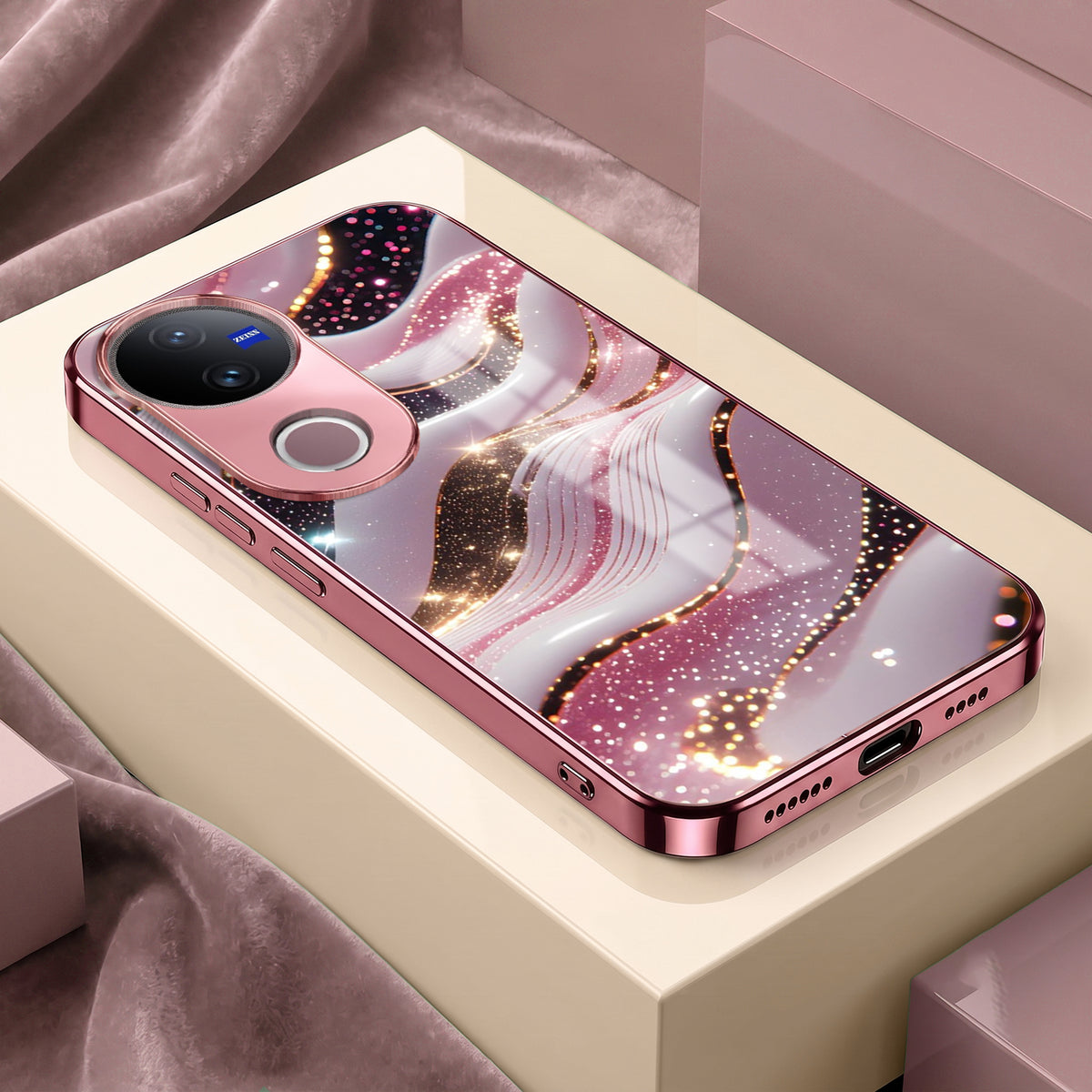 Vivo V50 5G Midnight Pearl Wave Pink Electroplated Glass Phone Back Case