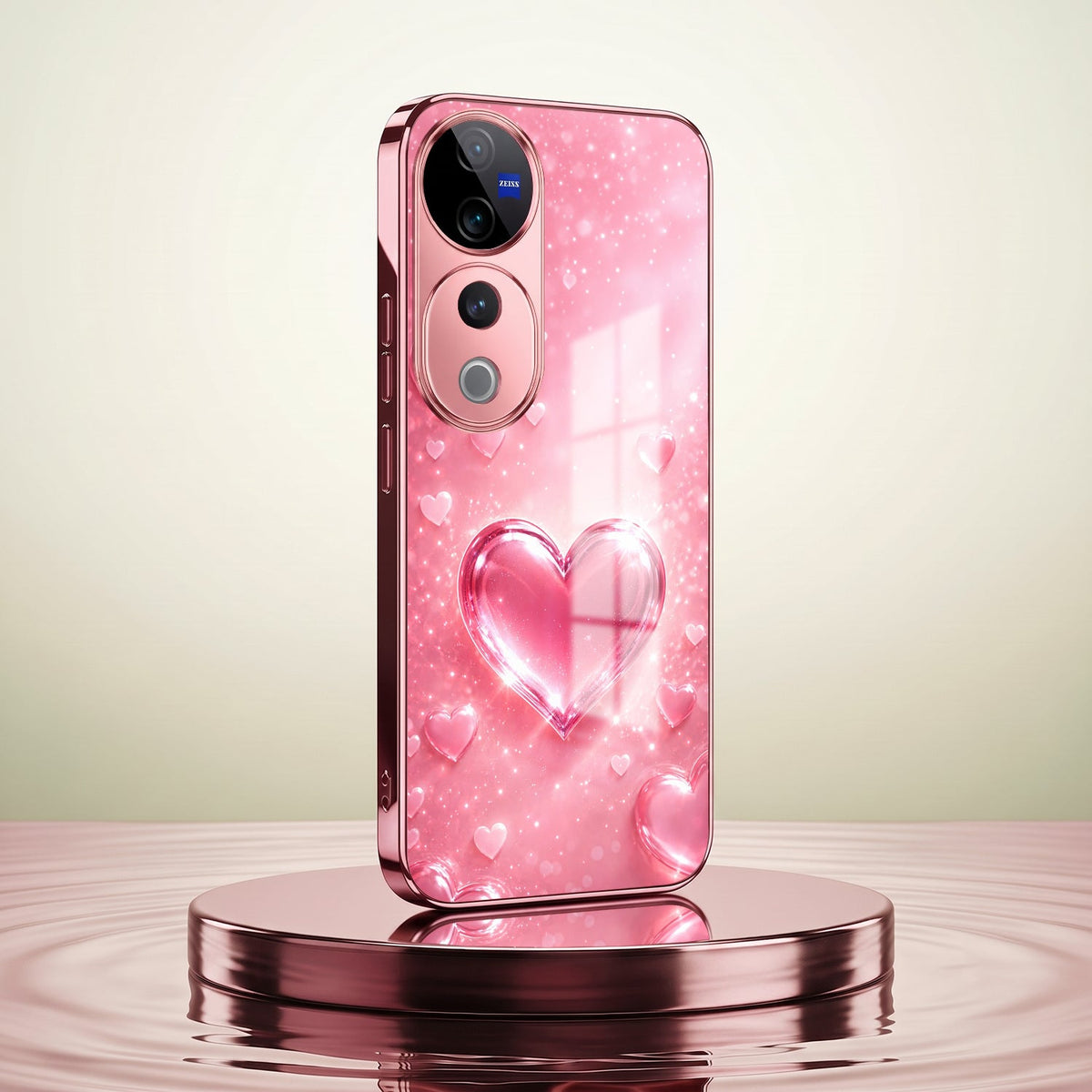 Vivo V40 Pro 5G Luxury 3D Jelly Heart Pink Electroplated Glass Phone Back Case