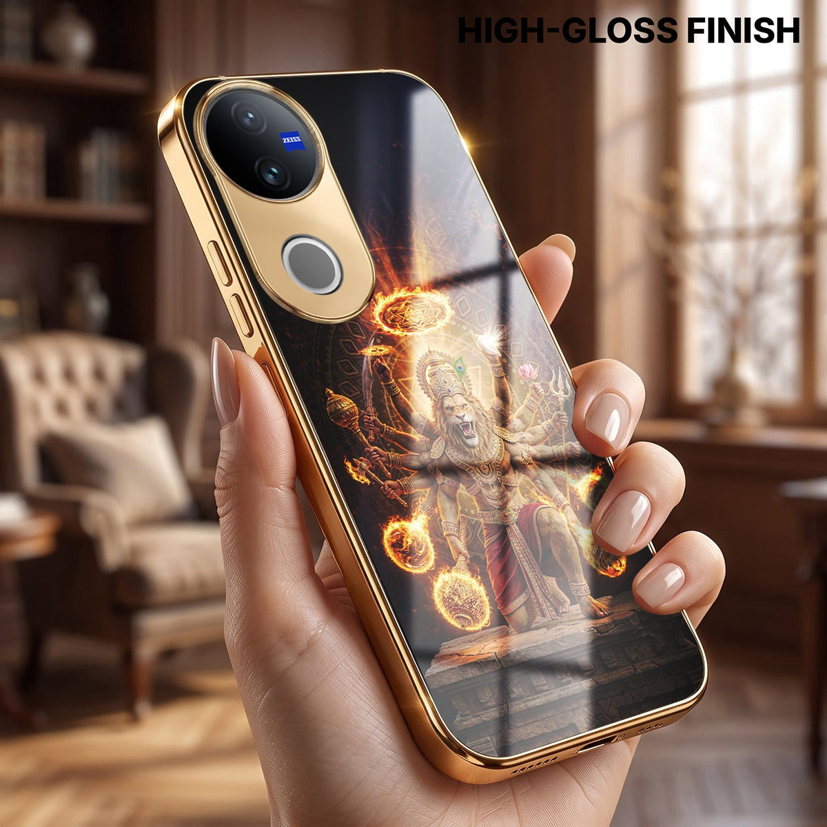 Vivo V50 5G Lord Narasimha Gold Electroplated Glass Phone Back Case
