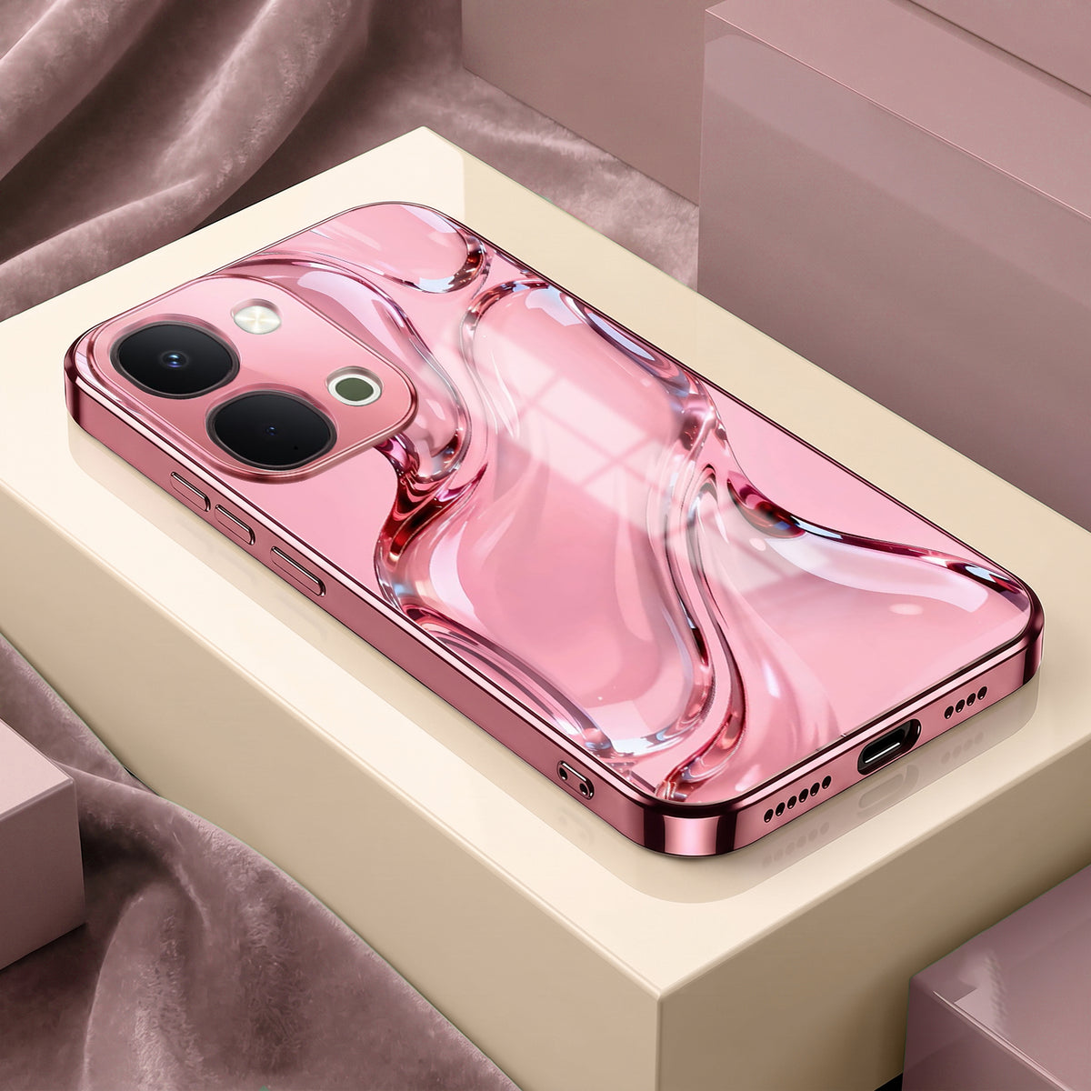 Vivo T5x 5G Crystal Wave Energy Pink Electroplated Glass Phone Back Case